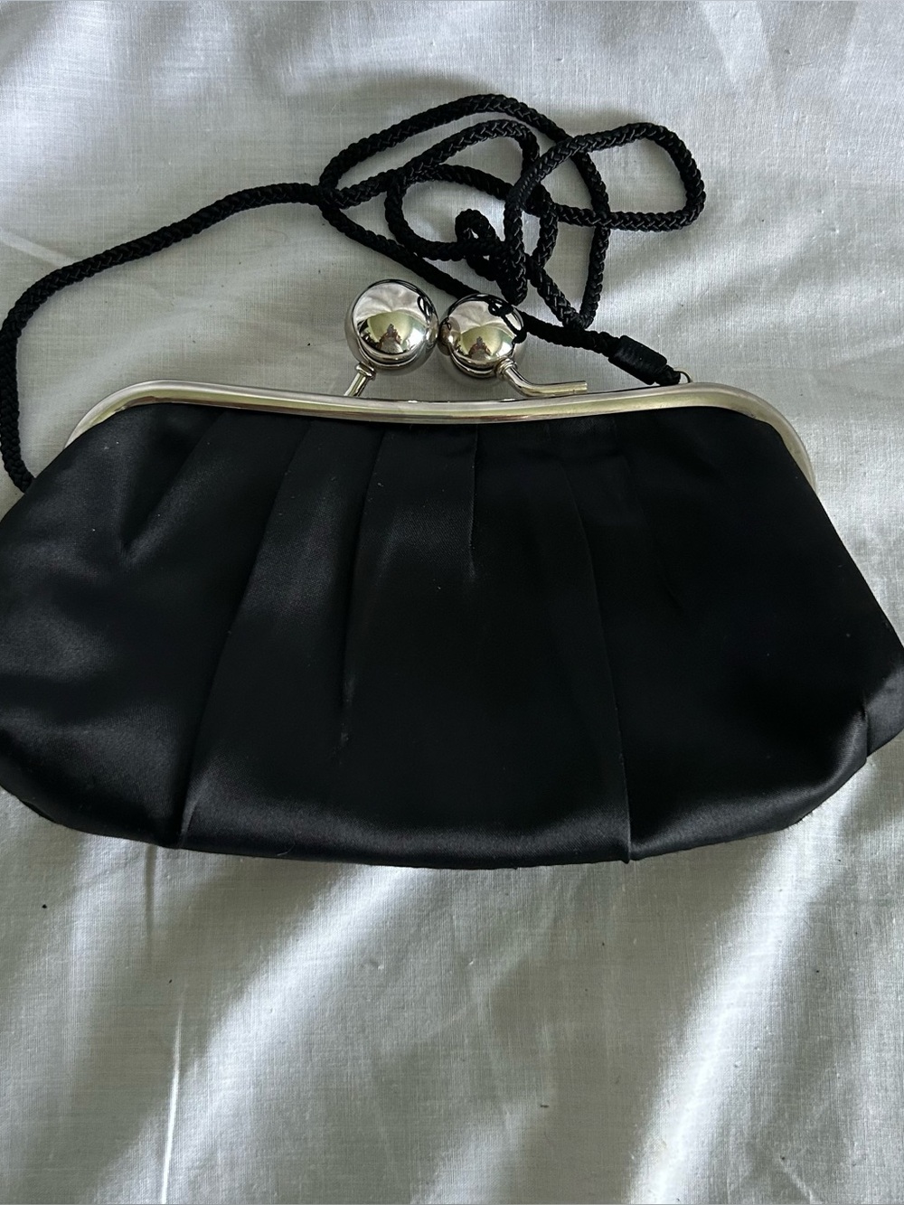Vintage La Regale Black Satin Evening Clutch Bag Silver Kiss Lock Closure